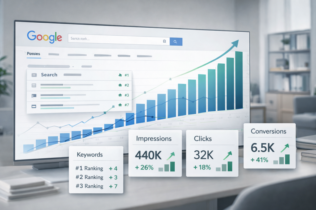 Professional SEO services workflow including technical SEO, content optimization, and search performance analysis
