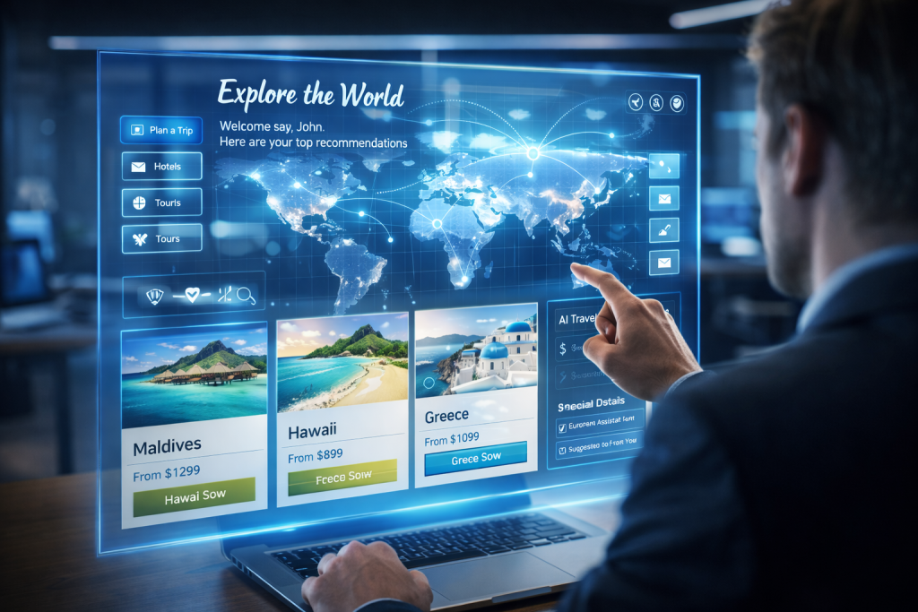 future travel website technology with AI personalization and interactive booking system