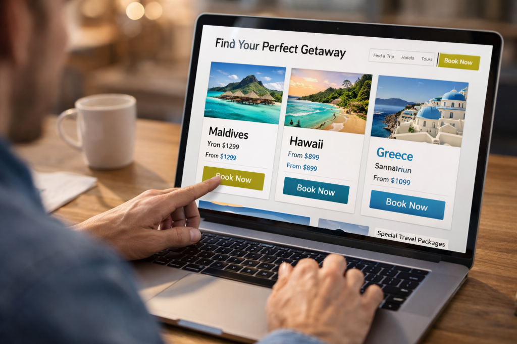 travel website booking interface with destination packages and pricing options